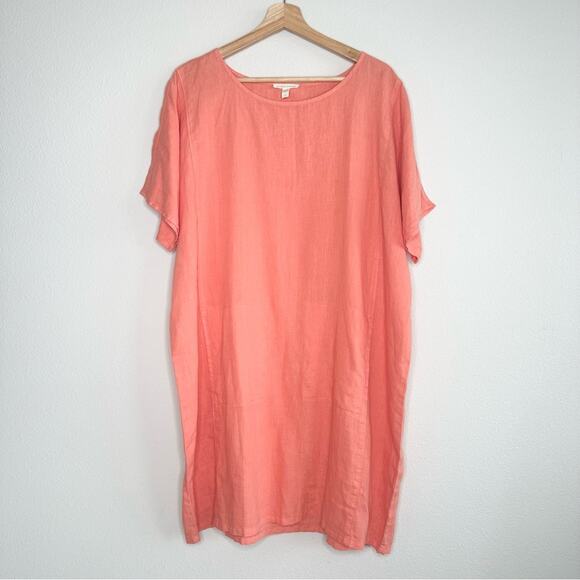 EILEEN FISHER Coral Short Sleeve Dress Size Large 100% Organic Linen - Picture 2 of 6